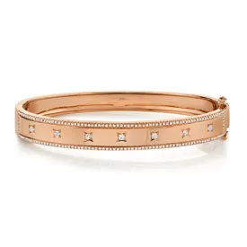 14K Rose Gold Diamond Border   Square Accent Wide Bangle