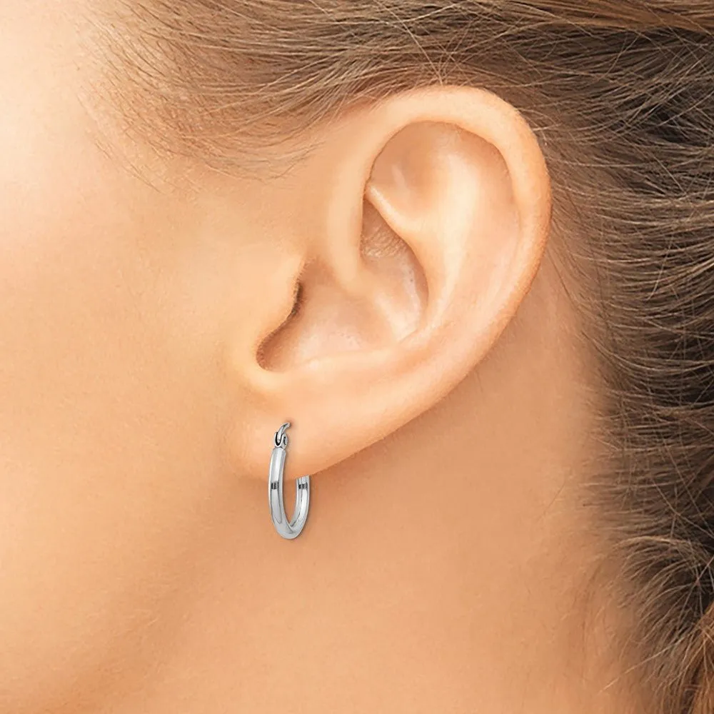 14KT White Gold Polished 15mm Lightweight Tube Hoop Earrings