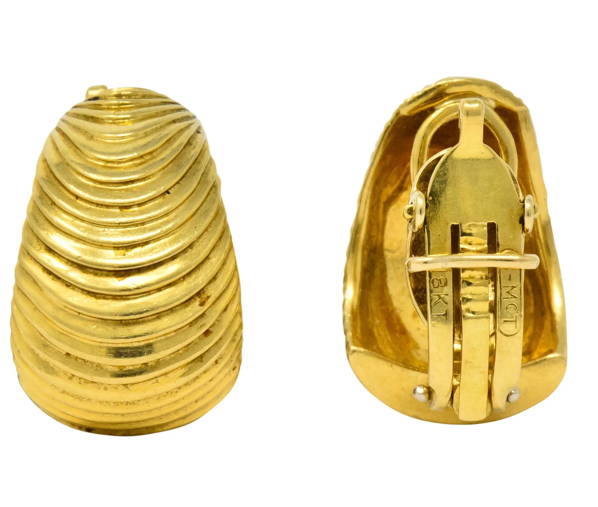 1960's McTiegue Vintage 18 Karat Gold Ribbed Ear-Clip Earrings