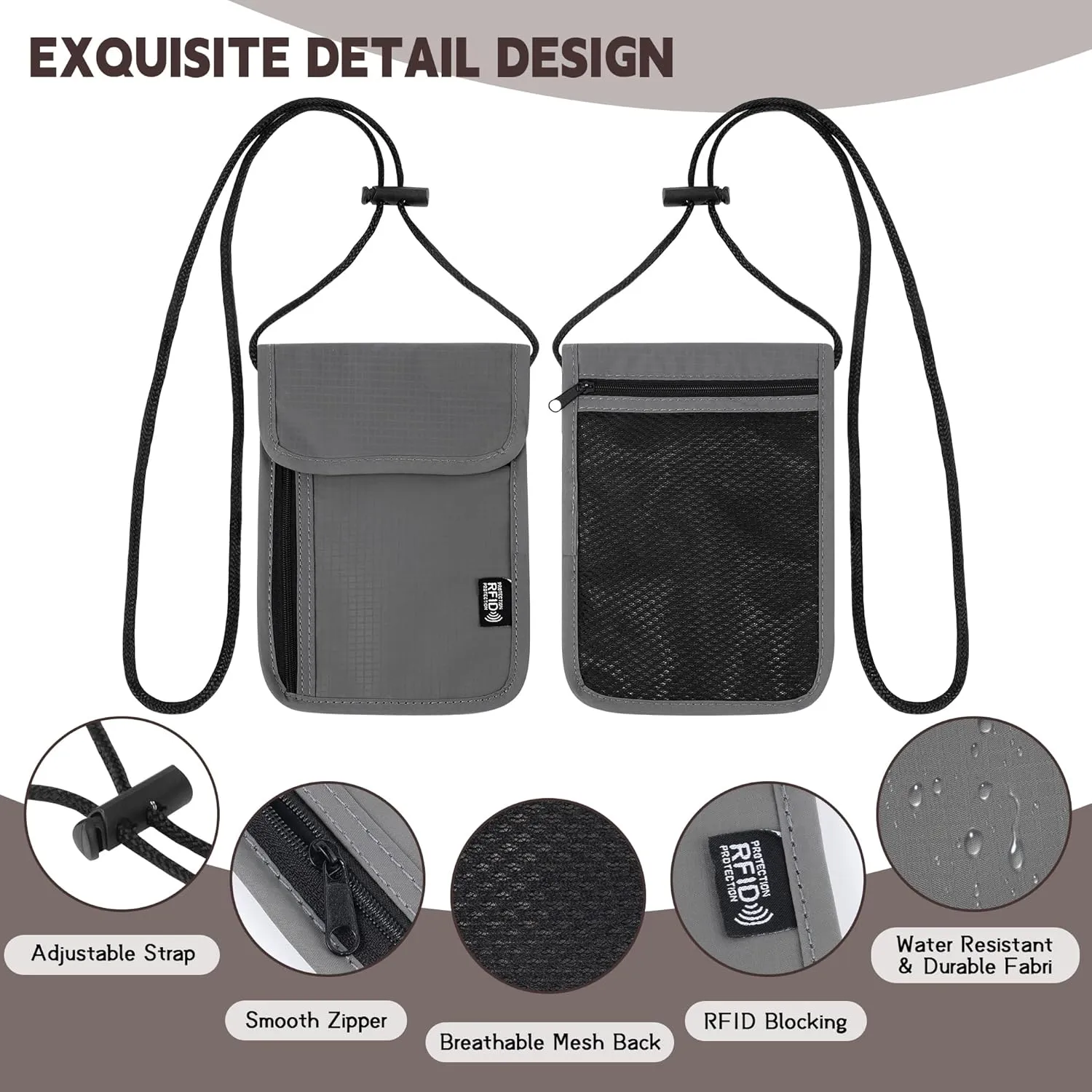 5.5" L x 7.9" W Travel Neck Wallet, RFID Blocking Passport Holder, Security Lightweight Passport Travel Wallet, Neck Pouch Gifts for Women Men(Grey)