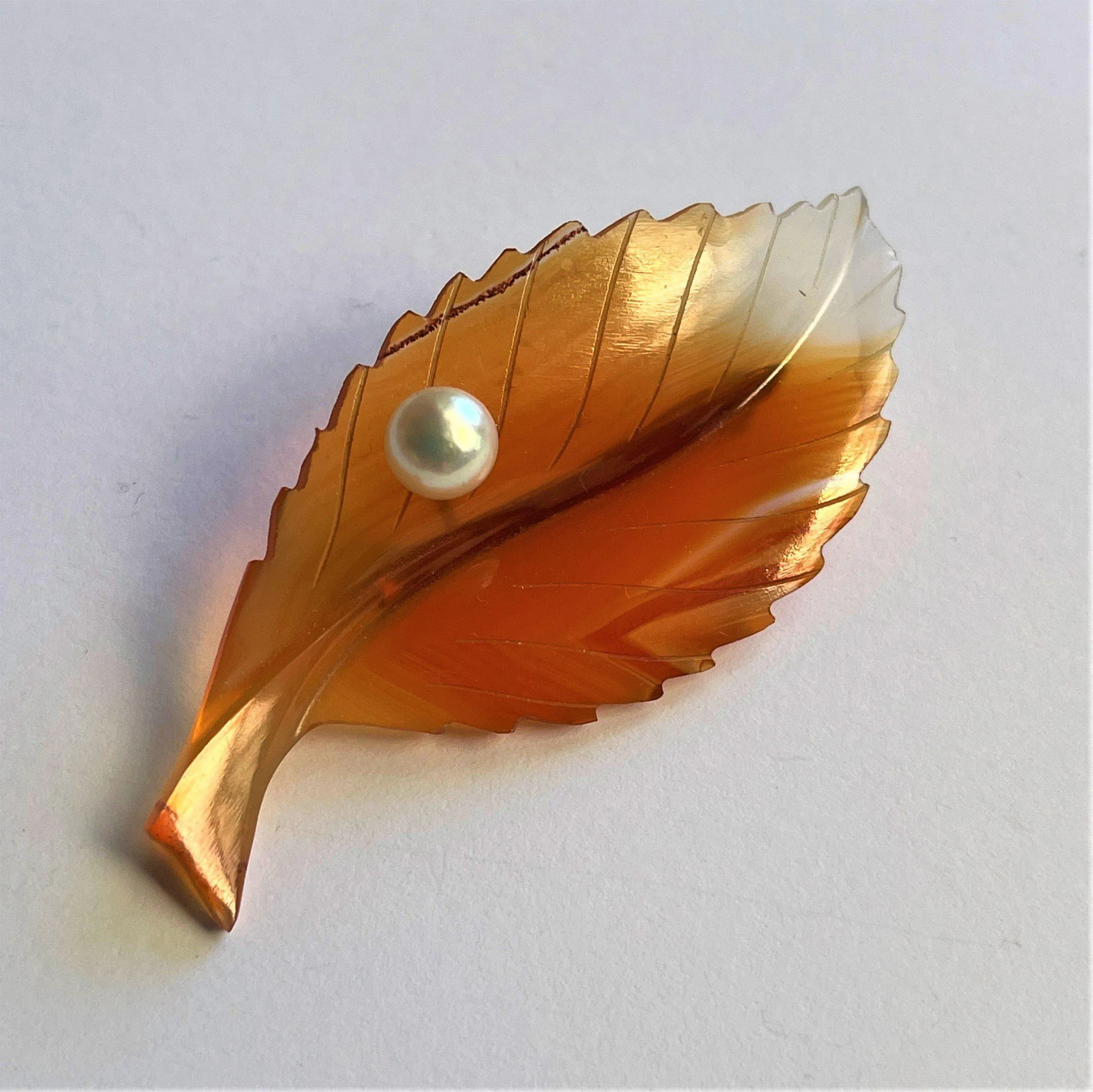 60's Lucite Leaf With Pearl Brooch