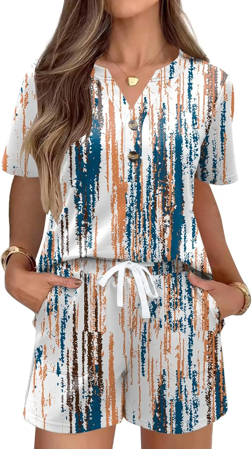 AKEWEI Womens Two Piece Outfits Summer Lounge Sets Tracksuit V Neck Buttons Down Tops and Shorts Set with Pockets