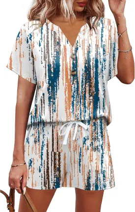 AKEWEI Womens Two Piece Outfits Summer Lounge Sets Tracksuit V Neck Buttons Down Tops and Shorts Set with Pockets