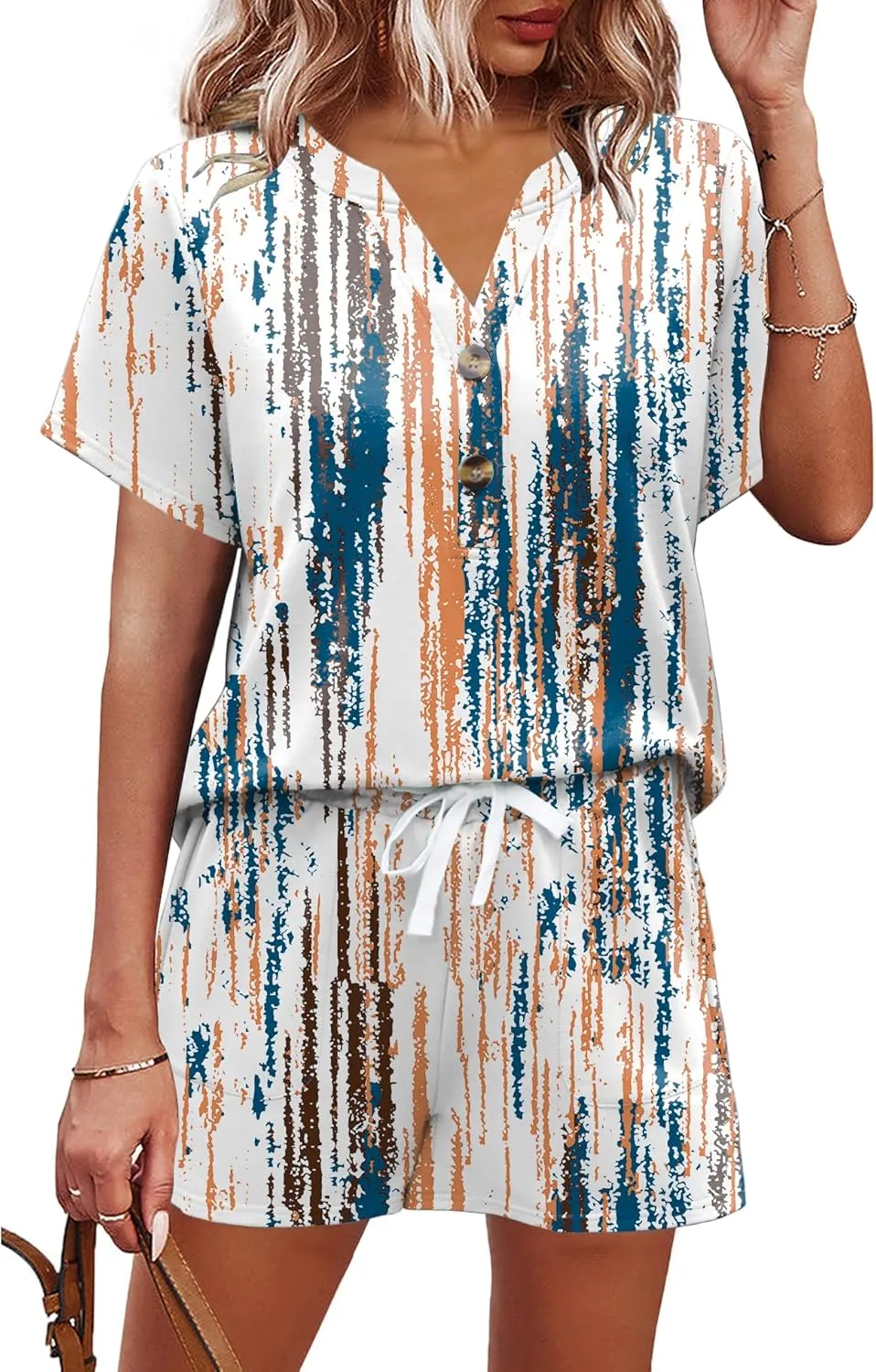 AKEWEI Womens Two Piece Outfits Summer Lounge Sets Tracksuit V Neck Buttons Down Tops and Shorts Set with Pockets