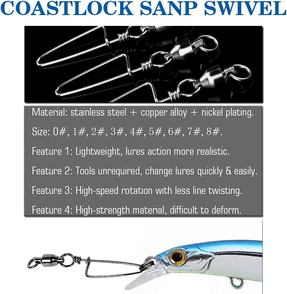 AMYSPORTS Saltwater Connector Fishing Snap Swivel High Strength Snaps Swivel Freshwater Ball Bearing Fishing Swivels Stainless Steel Corrosion Resistant Black Nickel