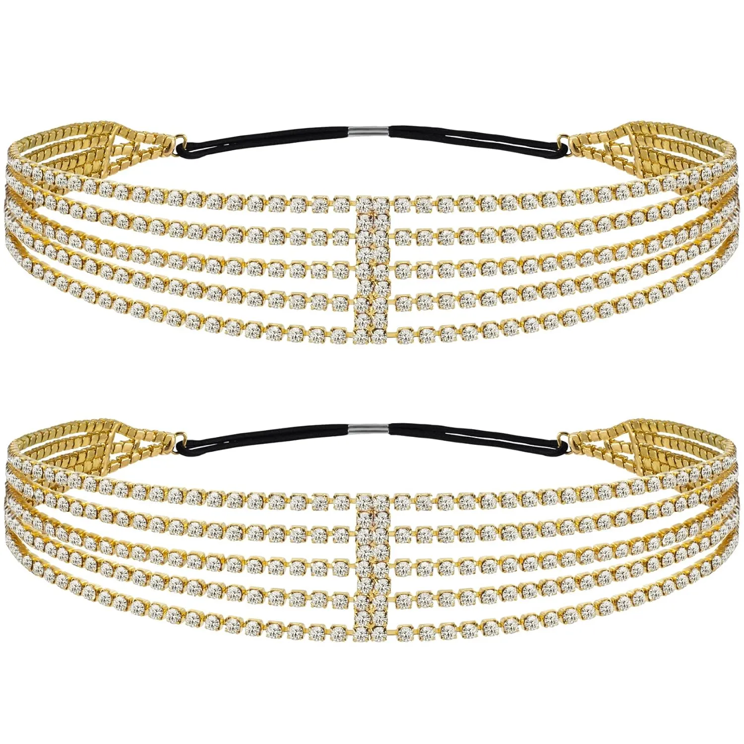 ANCIRS 2 Pack Multi Layered Elastic Headband for Women, Adjustable Rhinestone Bridal Headpieces, Stretchy Crystal Jewelry Hair Bands Accessories for Girls- Gold