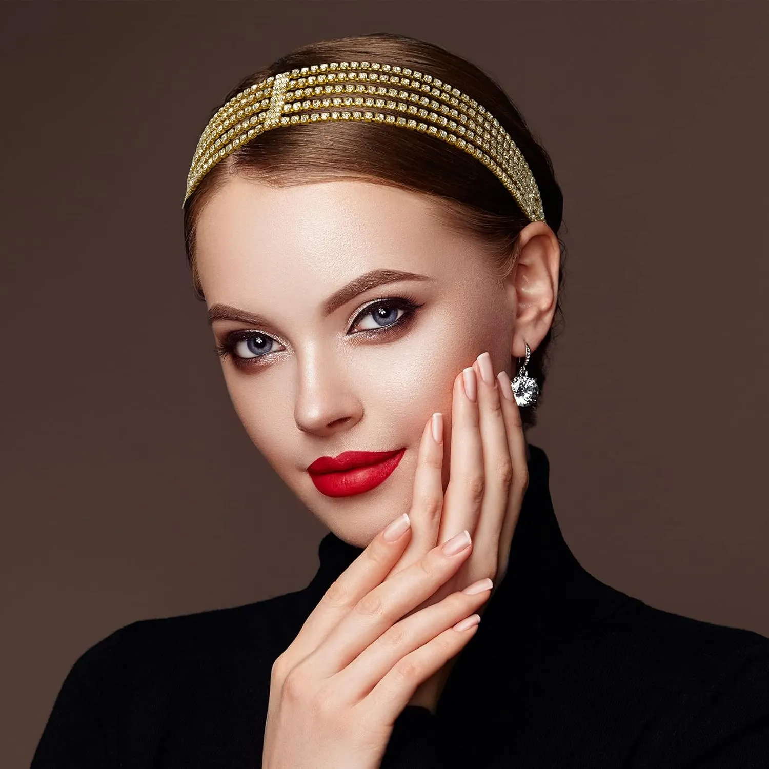ANCIRS 2 Pack Multi Layered Elastic Headband for Women, Adjustable Rhinestone Bridal Headpieces, Stretchy Crystal Jewelry Hair Bands Accessories for Girls- Gold