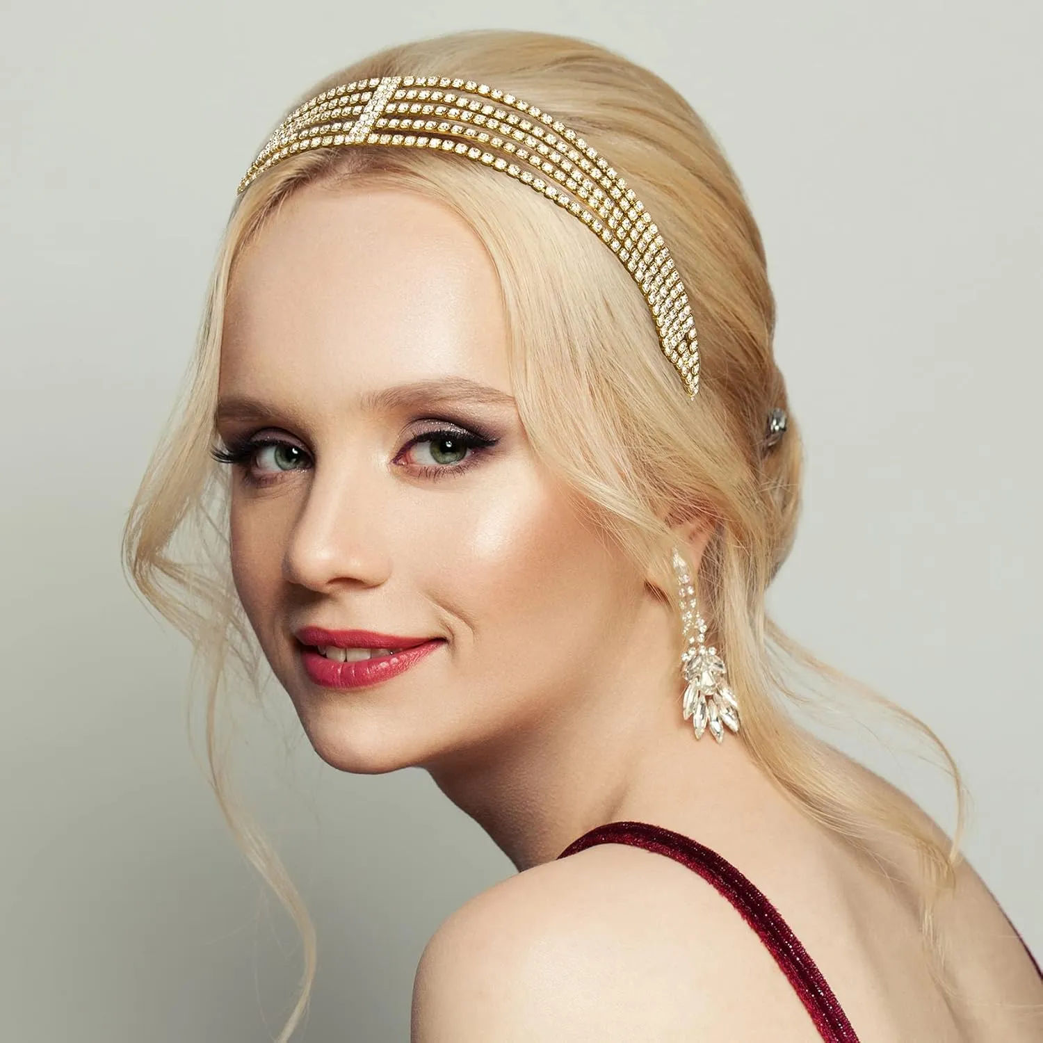 ANCIRS 2 Pack Multi Layered Elastic Headband for Women, Adjustable Rhinestone Bridal Headpieces, Stretchy Crystal Jewelry Hair Bands Accessories for Girls- Gold