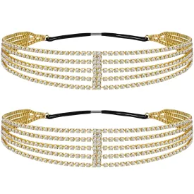ANCIRS 2 Pack Multi Layered Elastic Headband for Women, Adjustable Rhinestone Bridal Headpieces, Stretchy Crystal Jewelry Hair Bands Accessories for Girls- Gold