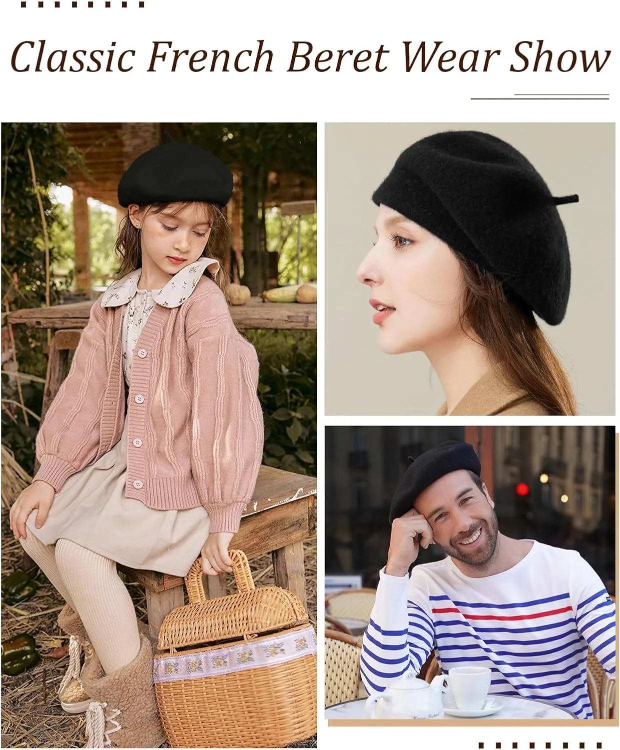 AWAYTR Wool French Beret Hats - Solid Color Artist Beret Hat for Women and Kids