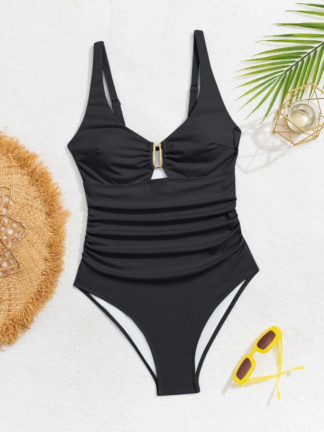 B2prity One Piece Swimsuit for Women Tummy Control V Neck Bathing Suit Slimming Ruched Swim Suit Cutout Swimwear
