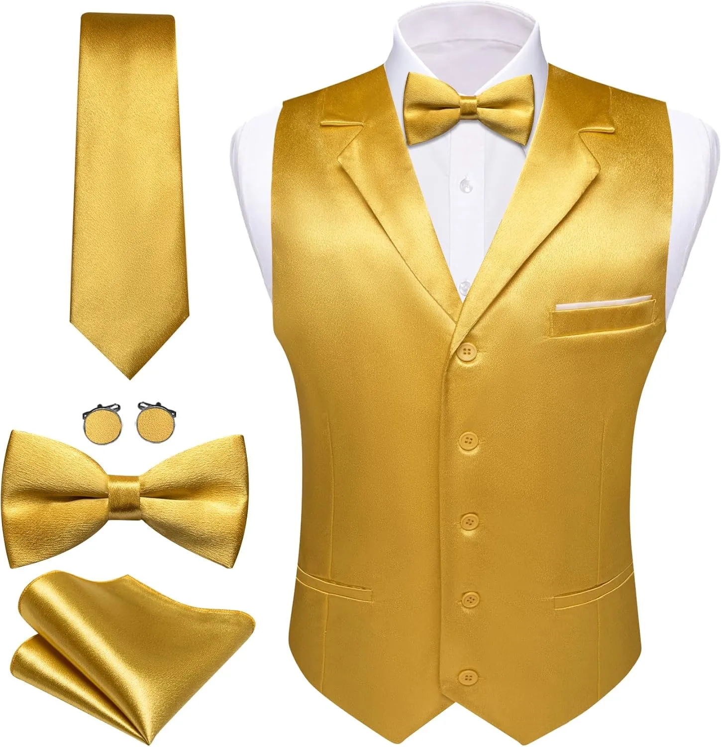 Barry.Wang Mens Satin Formal Suit Vest Tie Bowtie Set 8PC Lapel Collar Casual Slim Fit Waistcoat Wedding Party Tuxedo