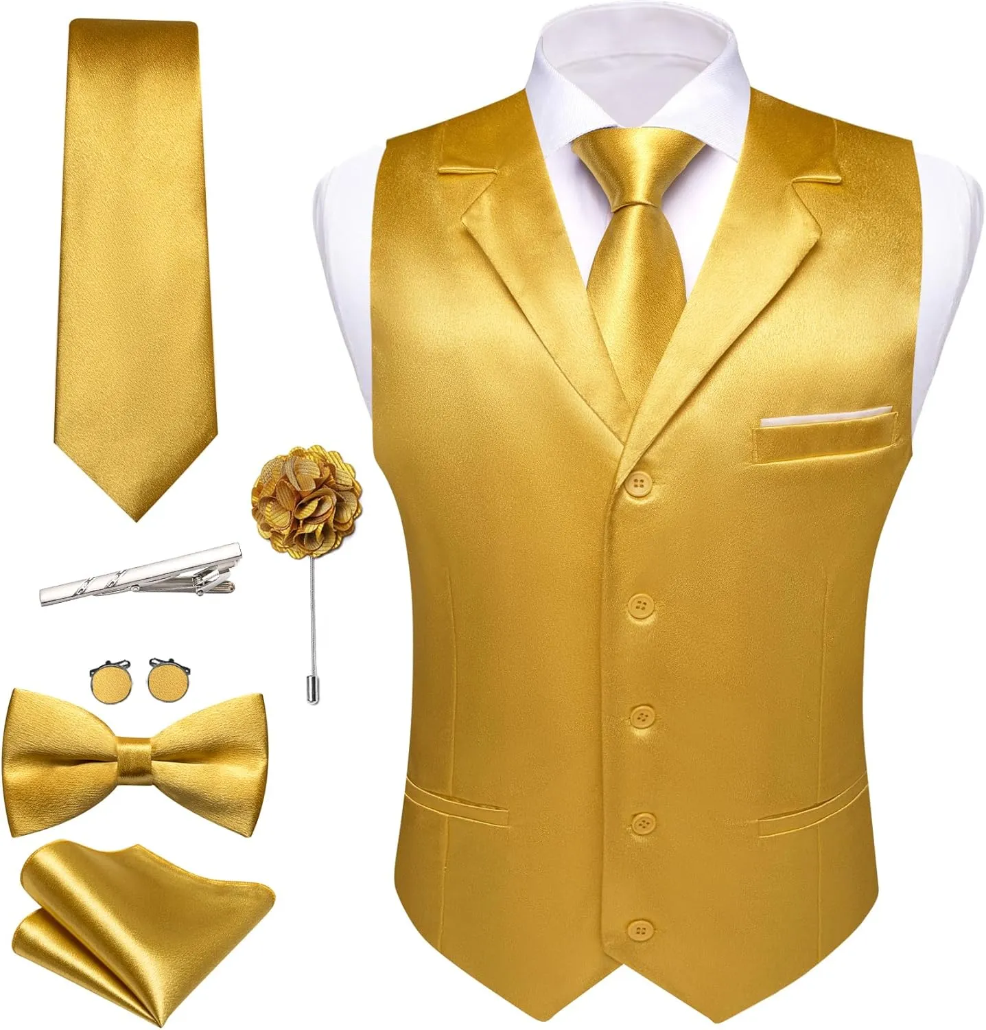 Barry.Wang Mens Satin Formal Suit Vest Tie Bowtie Set 8PC Lapel Collar Casual Slim Fit Waistcoat Wedding Party Tuxedo