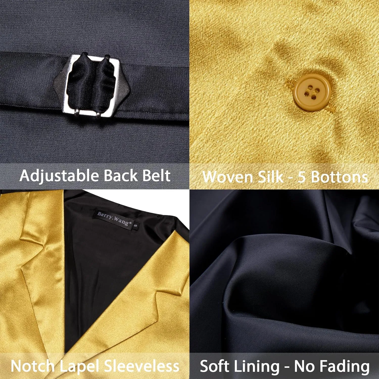 Barry.Wang Mens Satin Formal Suit Vest Tie Bowtie Set 8PC Lapel Collar Casual Slim Fit Waistcoat Wedding Party Tuxedo