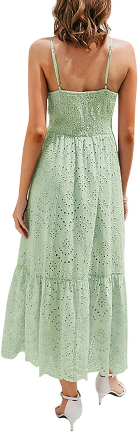 BerryGo Women's Embroidery Pearl Button Down Dress V Neck Spaghetti Strap Maxi Dress
