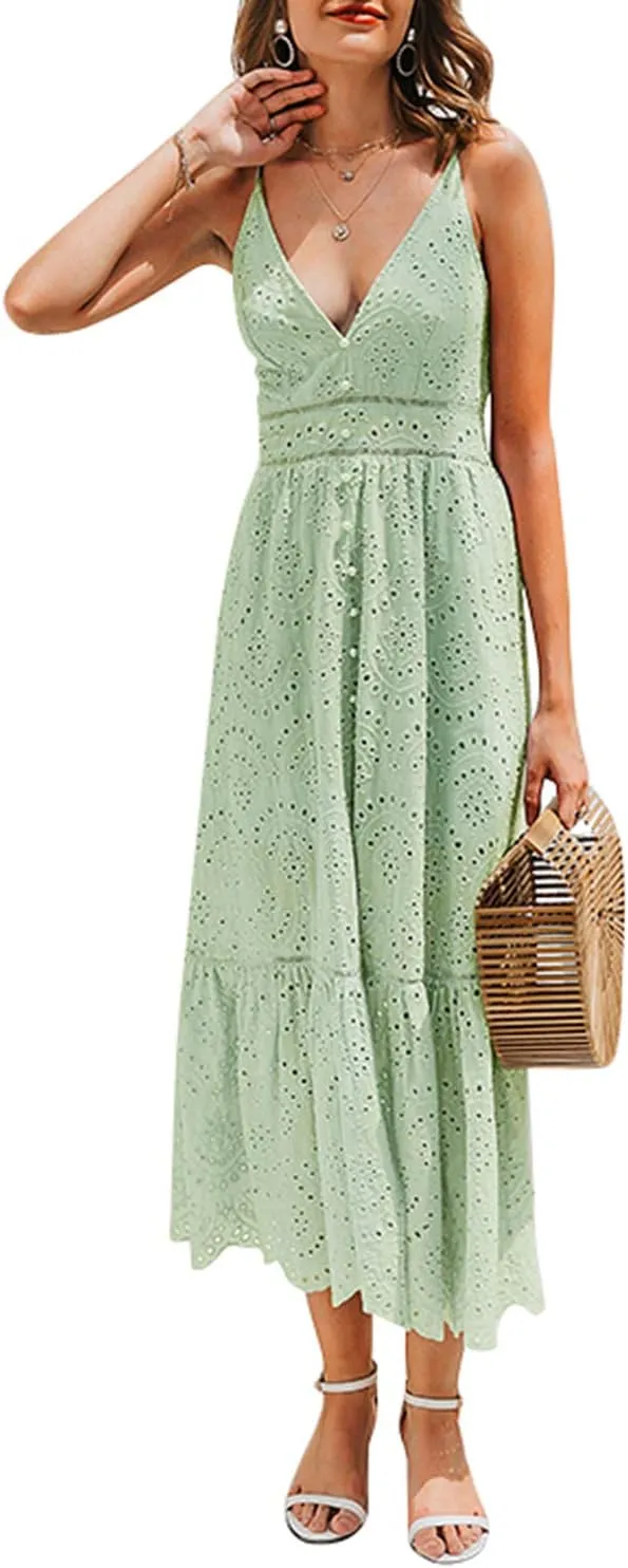 BerryGo Women's Embroidery Pearl Button Down Dress V Neck Spaghetti Strap Maxi Dress