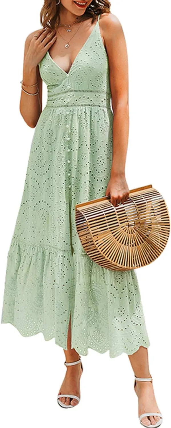 BerryGo Women's Embroidery Pearl Button Down Dress V Neck Spaghetti Strap Maxi Dress
