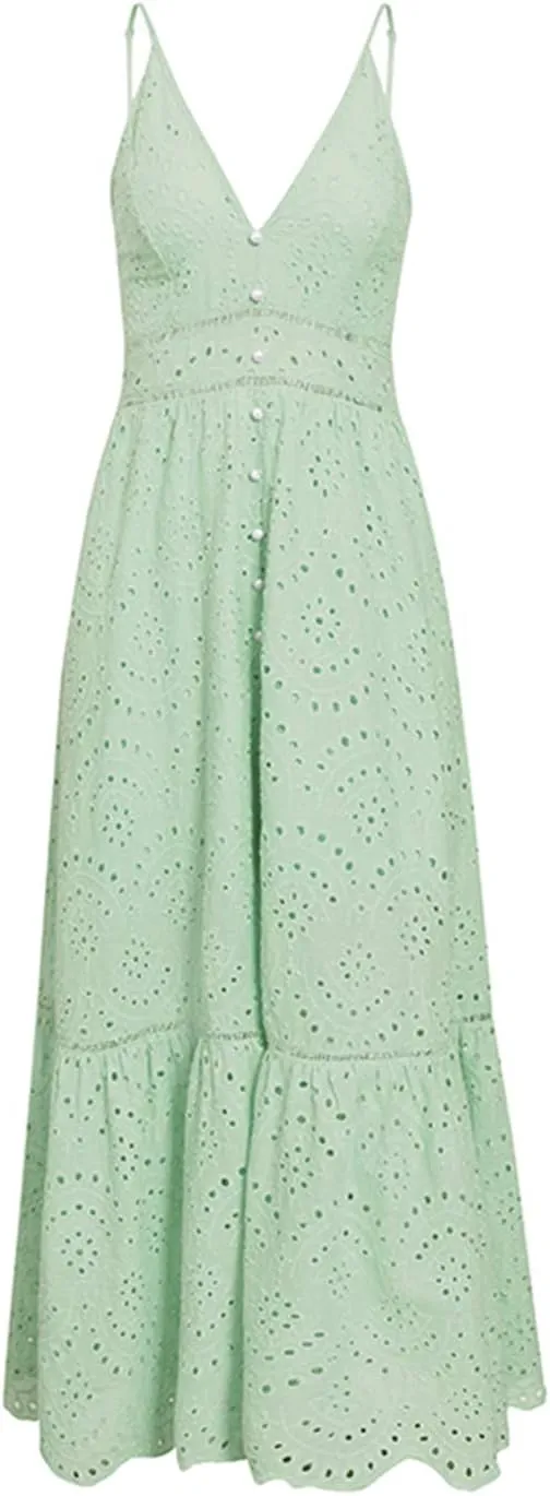 BerryGo Women's Embroidery Pearl Button Down Dress V Neck Spaghetti Strap Maxi Dress