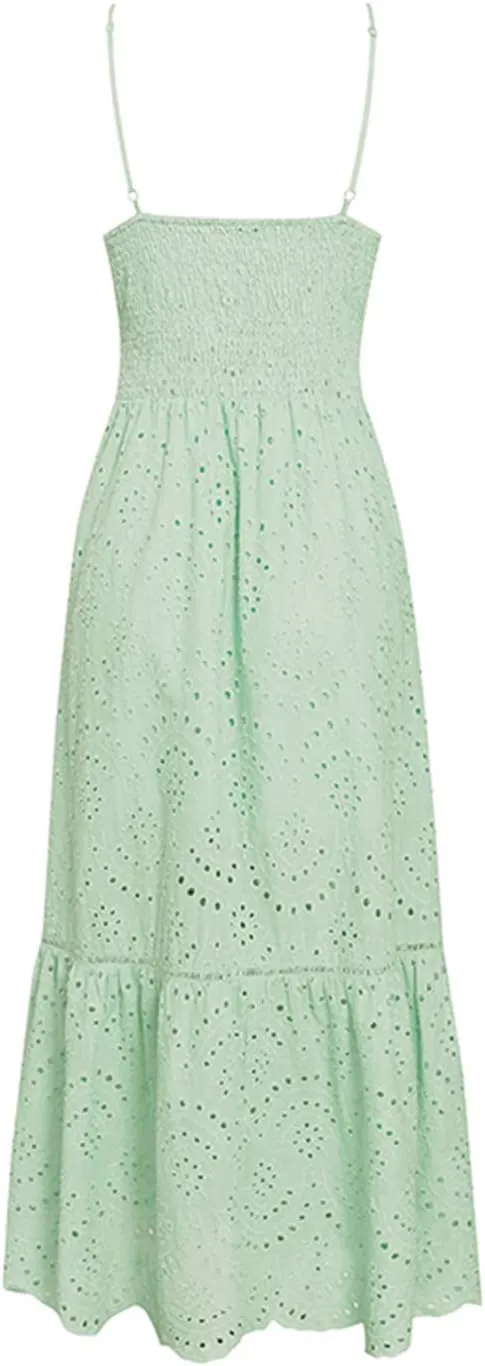BerryGo Women's Embroidery Pearl Button Down Dress V Neck Spaghetti Strap Maxi Dress