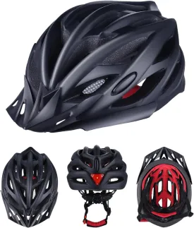 Black Bike Helmet with LED,218g Lightweight Mountain Bicycle Helmet for Adults Men Women,Comfortable Cycling Helmet with Sun Visor & 21 Ventilation Holes,US CPSC & EU CE Standard