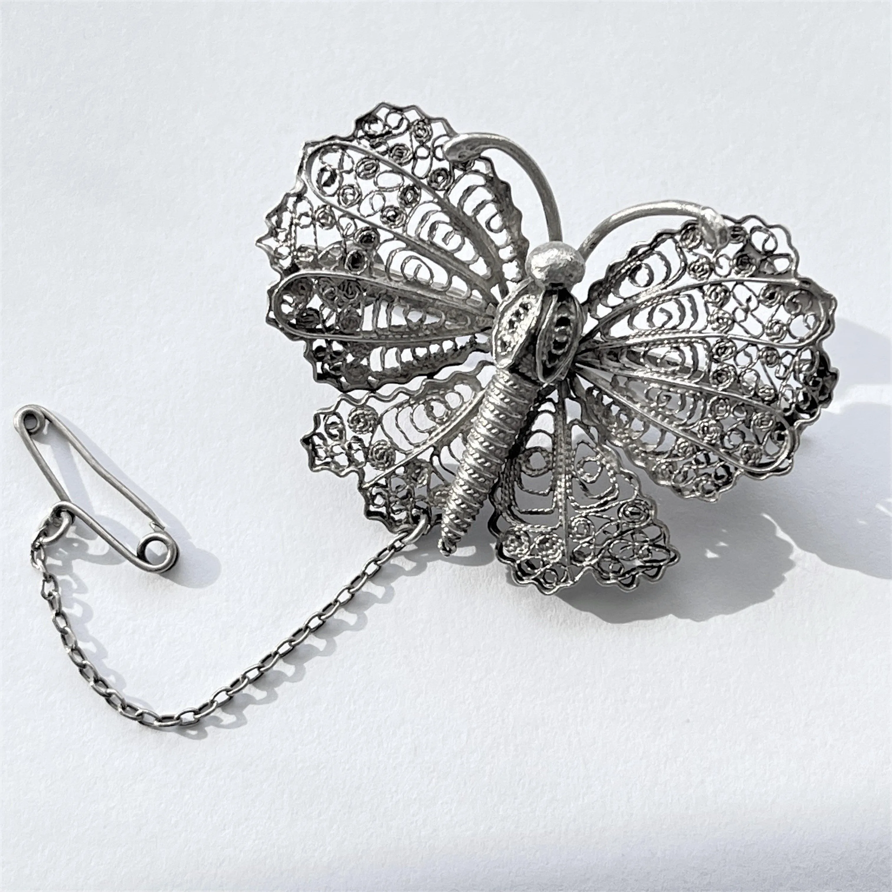 Butterfly Silver Filigree Mid Century Brooch