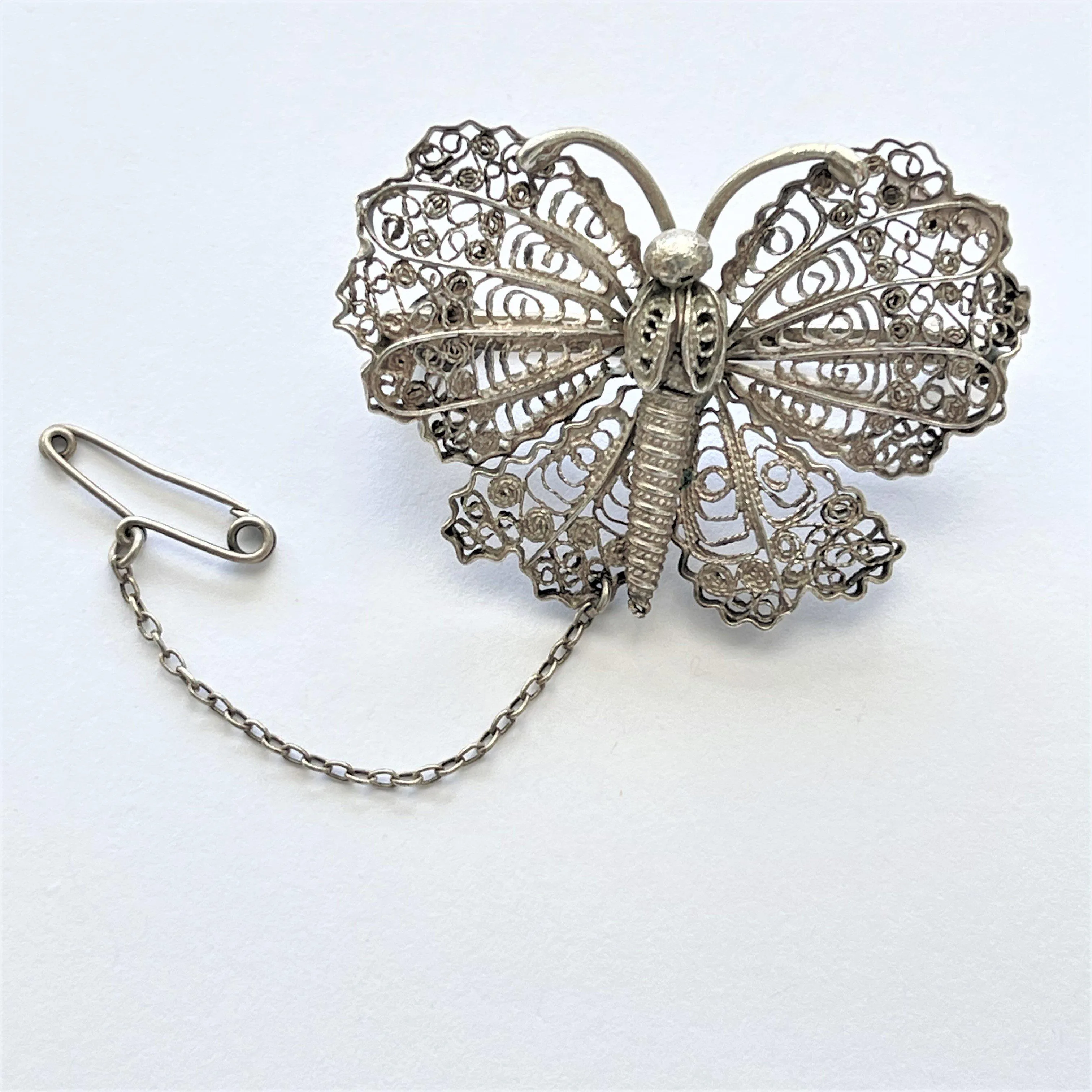Butterfly Silver Filigree Mid Century Brooch