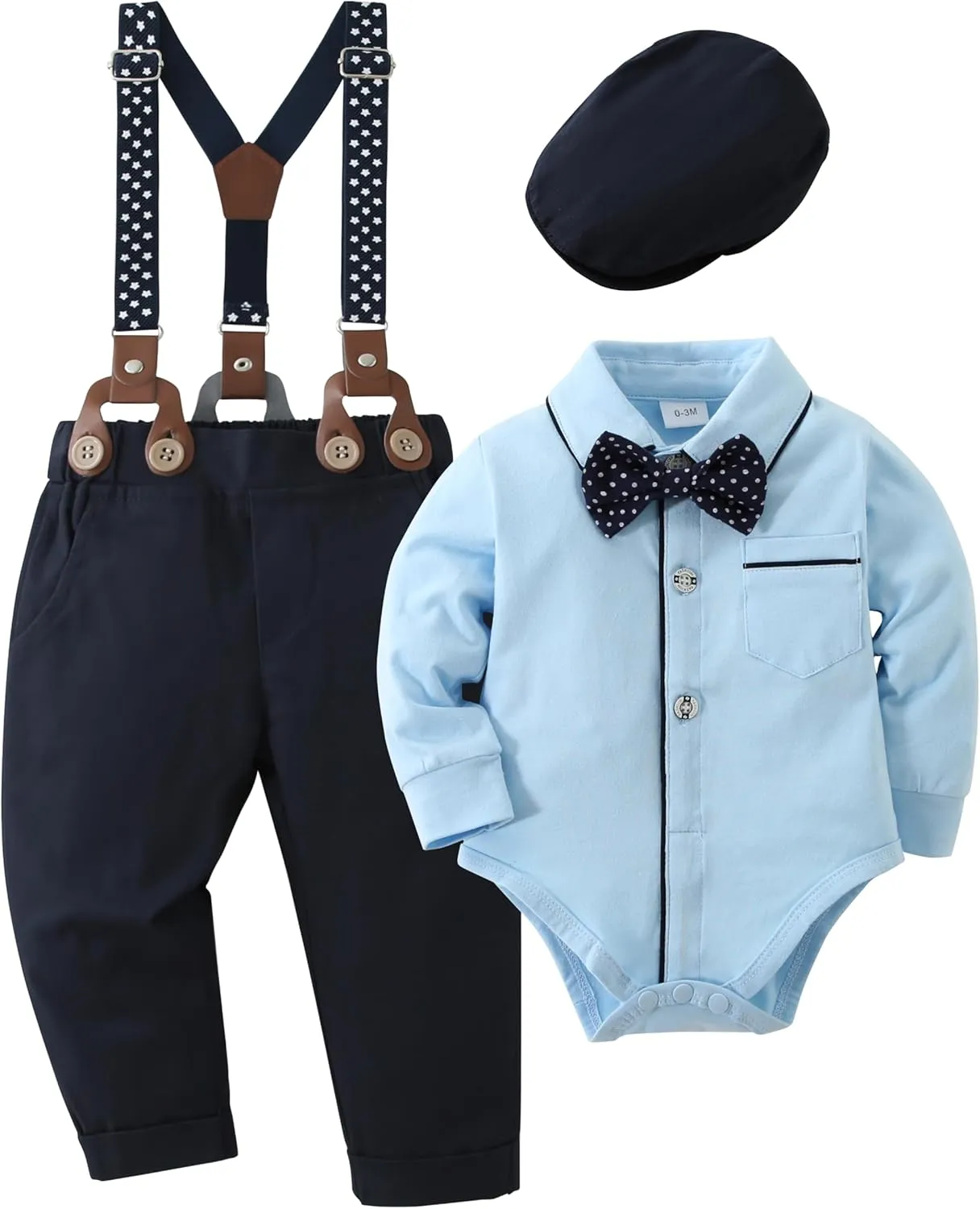 CARETOO Baby Boy Clothes Suits Infant Gentleman Outfit Formal Dress Shirt Suspender Pants Bowtie Beret Hat Wedding Set 0-18 M