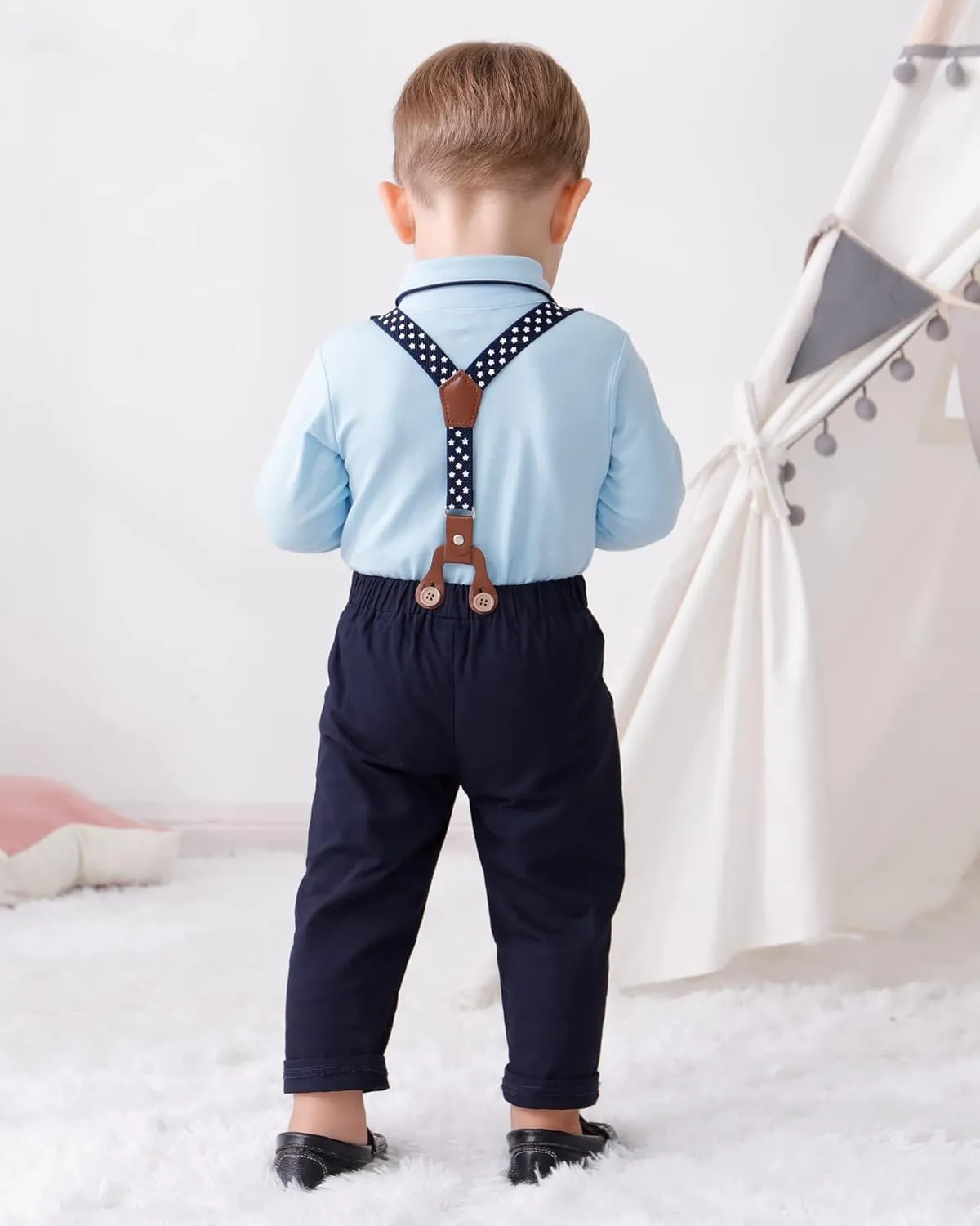 CARETOO Baby Boy Clothes Suits Infant Gentleman Outfit Formal Dress Shirt Suspender Pants Bowtie Beret Hat Wedding Set 0-18 M