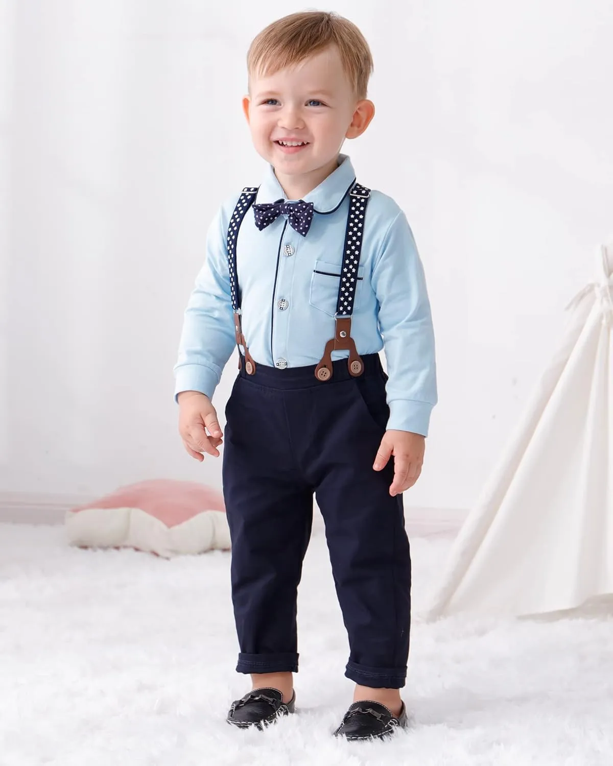 CARETOO Baby Boy Clothes Suits Infant Gentleman Outfit Formal Dress Shirt Suspender Pants Bowtie Beret Hat Wedding Set 0-18 M