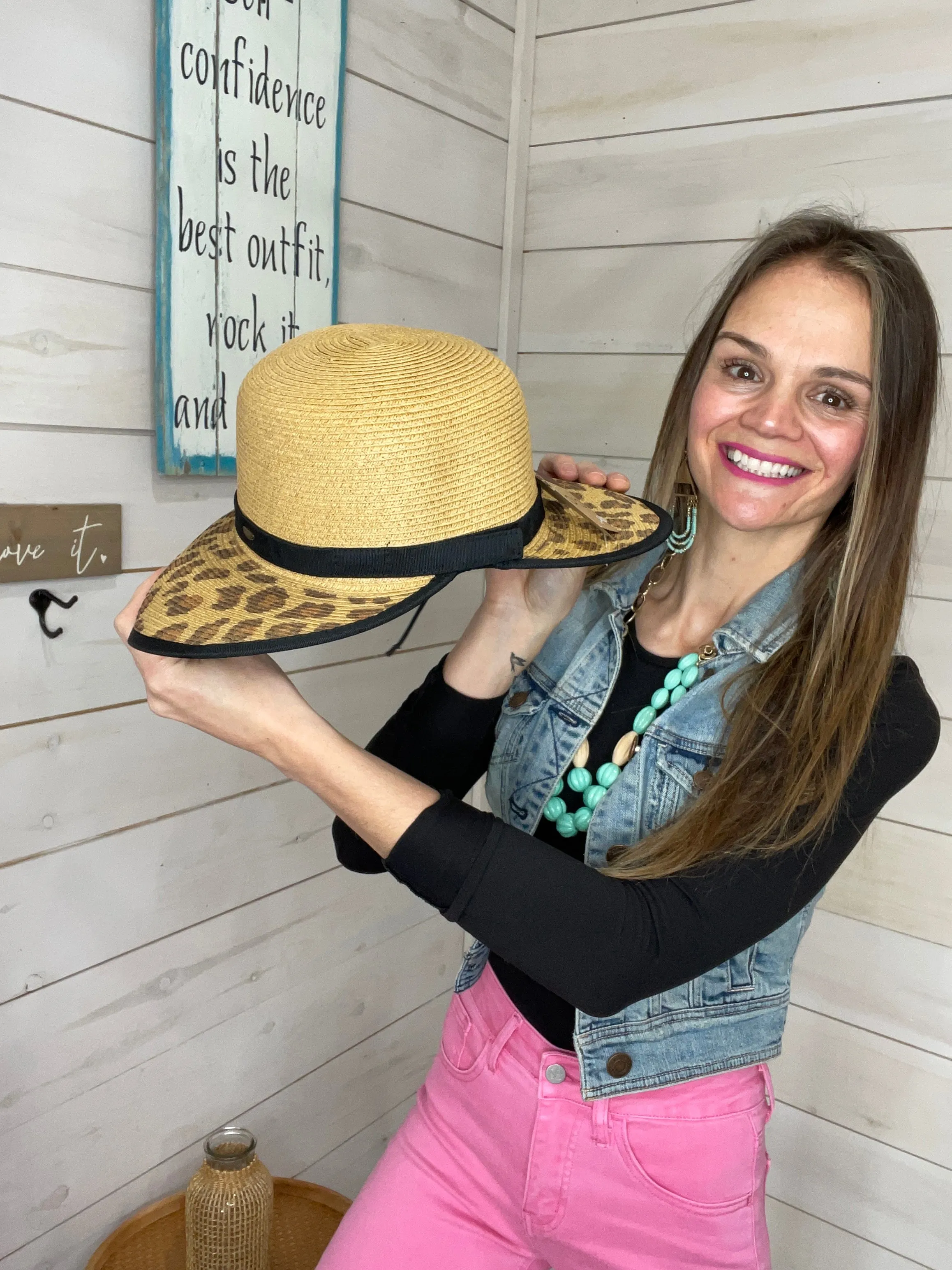 CC LEOPARD PRINTED STRAW SUNHAT