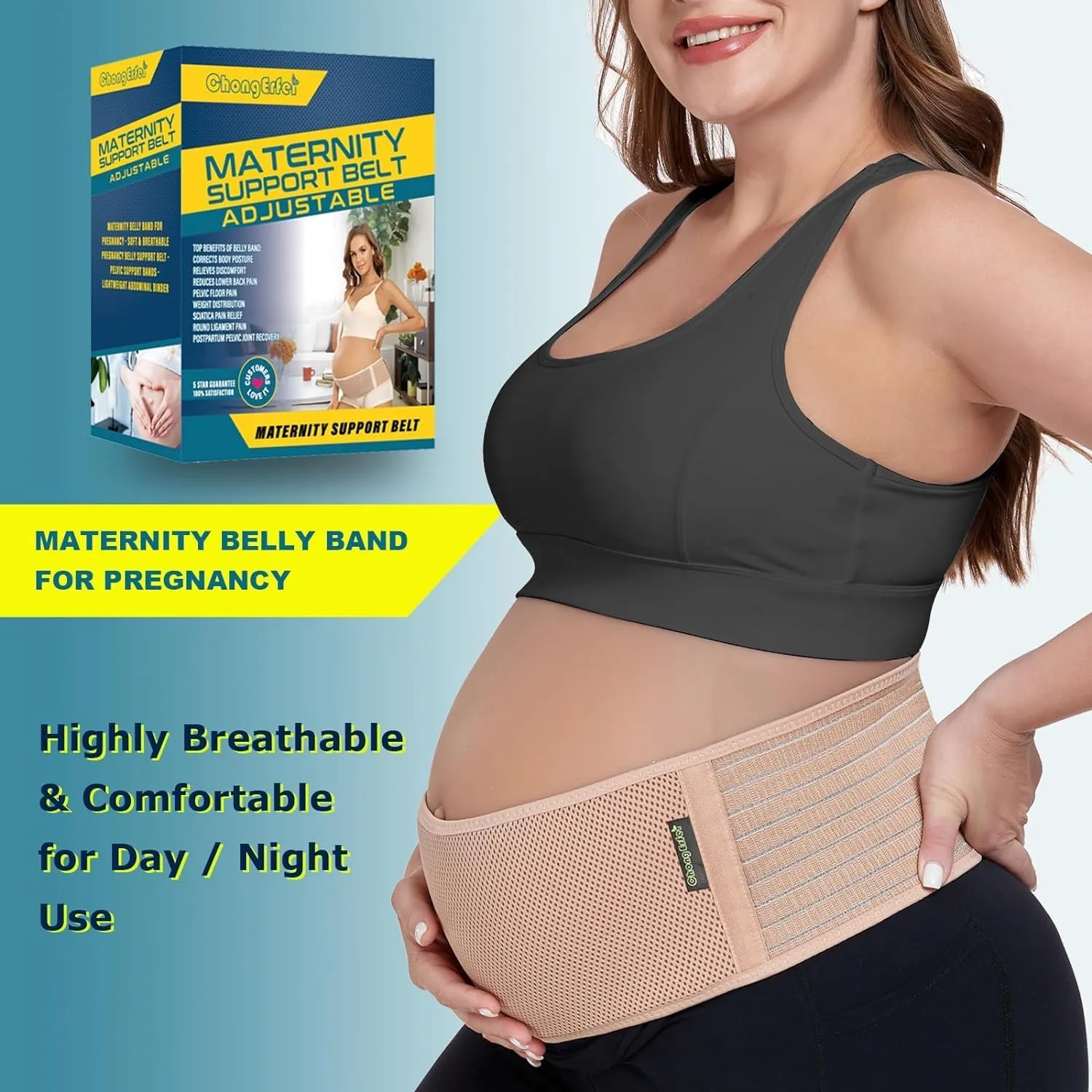 ChongErfei Maternity Belt Pregnancy Belly Band Back Support Abdominal Binder Back Brace - Relieve Back, Pelvic, Hip PainBeige,One Size