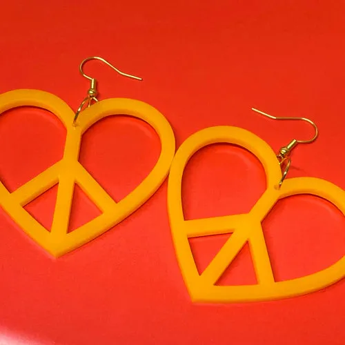 Colorful Peace Heart Earrings - Laser Cut Acrylic Jewelry with Fish Hook or Clip On Finding, 1960s and 70s Inspired