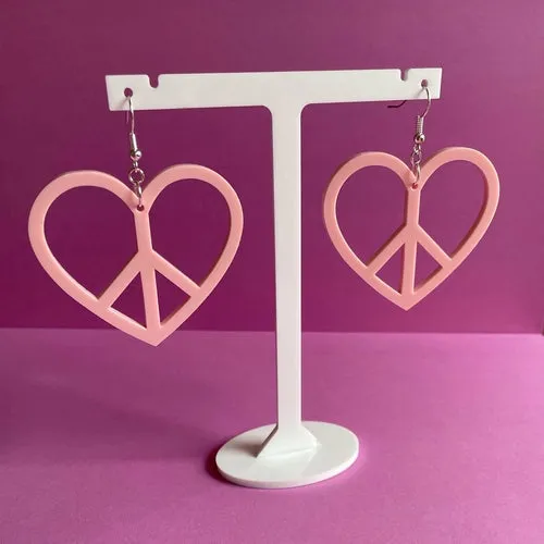 Colorful Peace Heart Earrings - Laser Cut Acrylic Jewelry with Fish Hook or Clip On Finding, 1960s and 70s Inspired