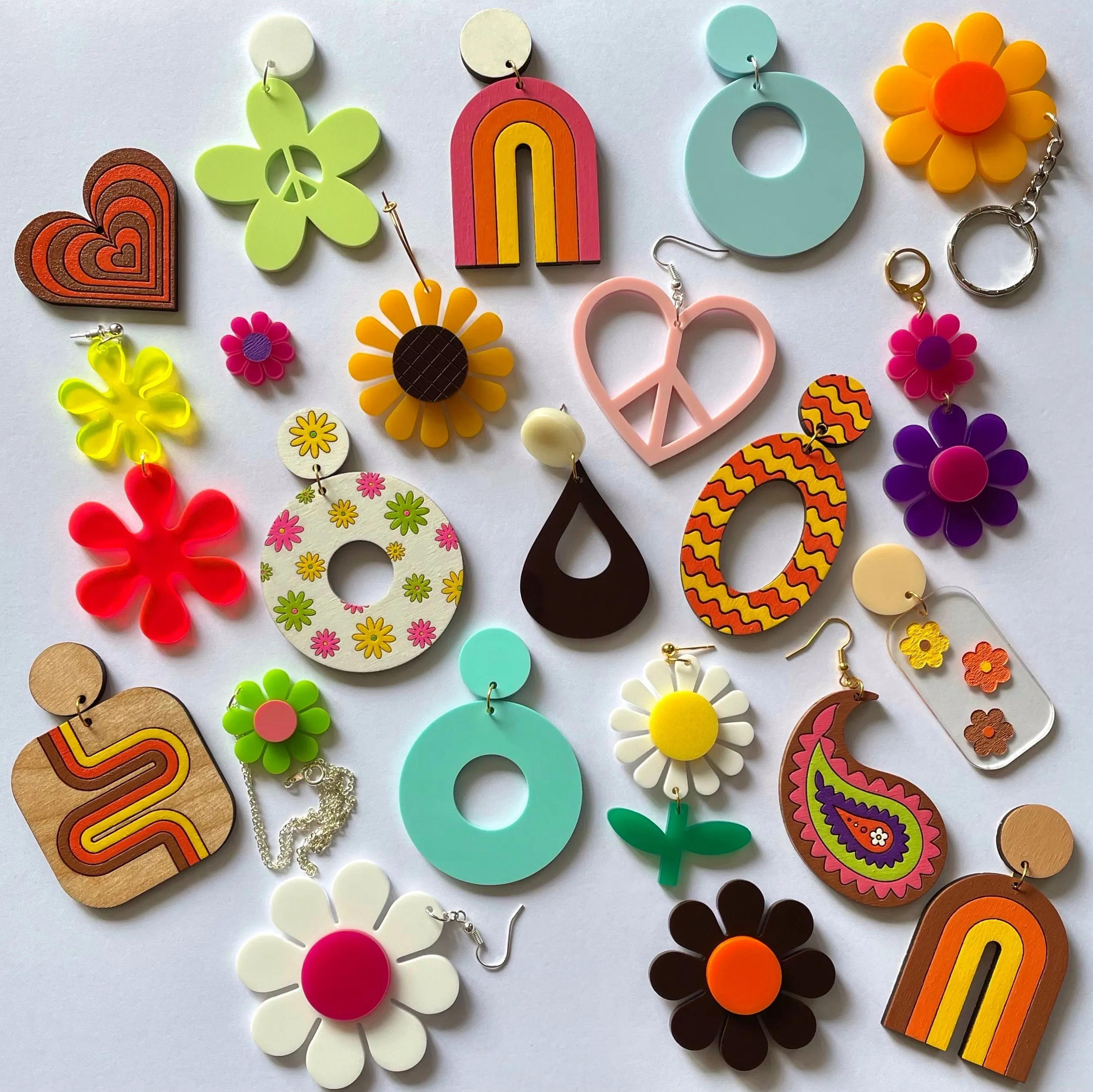 Colorful Peace Heart Earrings - Laser Cut Acrylic Jewelry with Fish Hook or Clip On Finding, 1960s and 70s Inspired