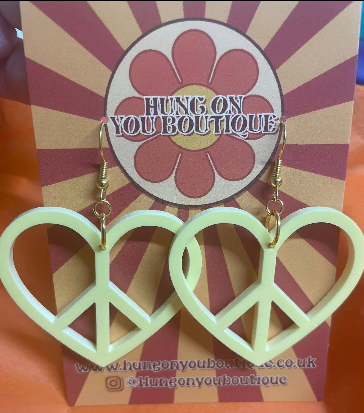 Colorful Peace Heart Earrings - Laser Cut Acrylic Jewelry with Fish Hook or Clip On Finding, 1960s and 70s Inspired