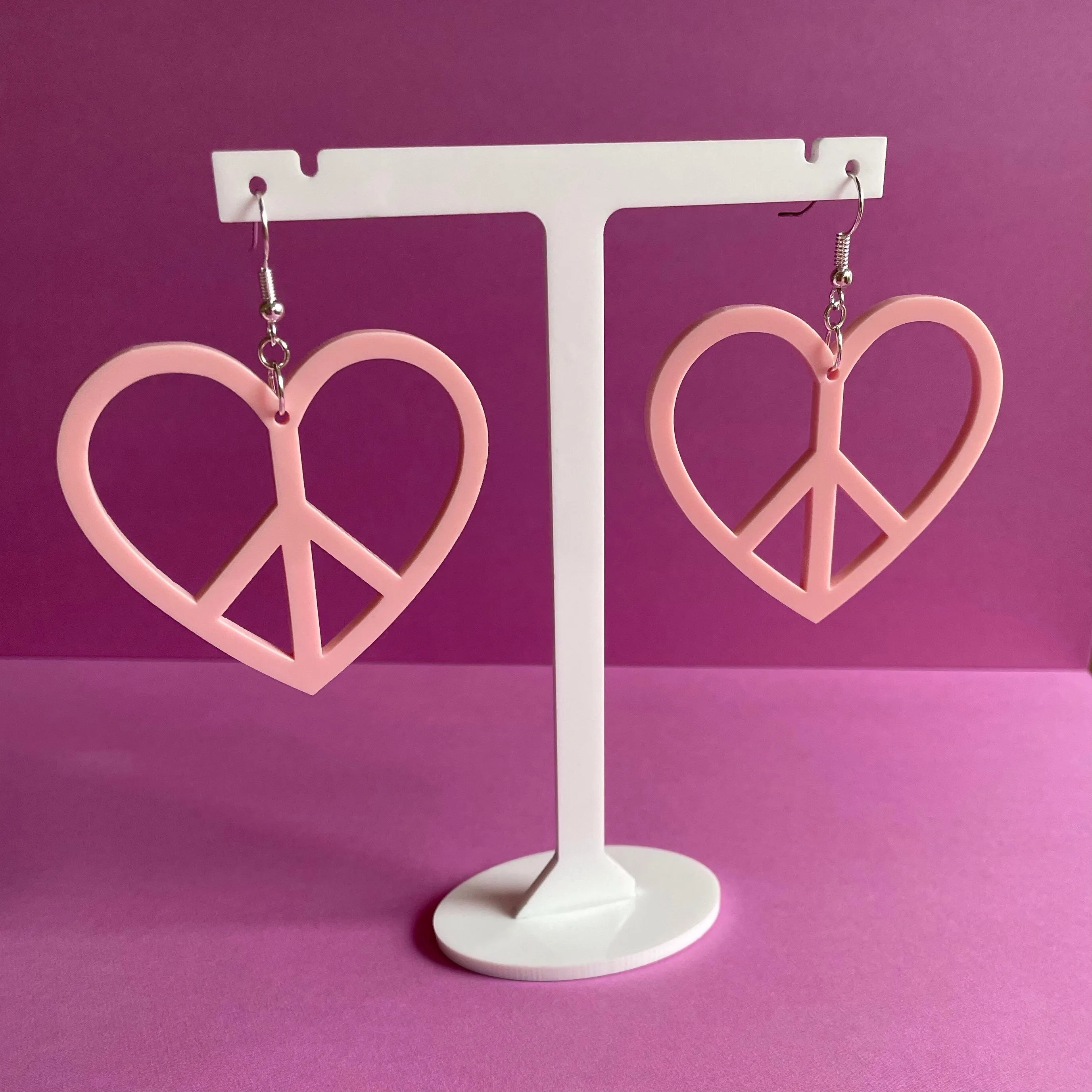 Colorful Peace Heart Earrings - Laser Cut Acrylic Jewelry with Fish Hook or Clip On Finding, 1960s and 70s Inspired