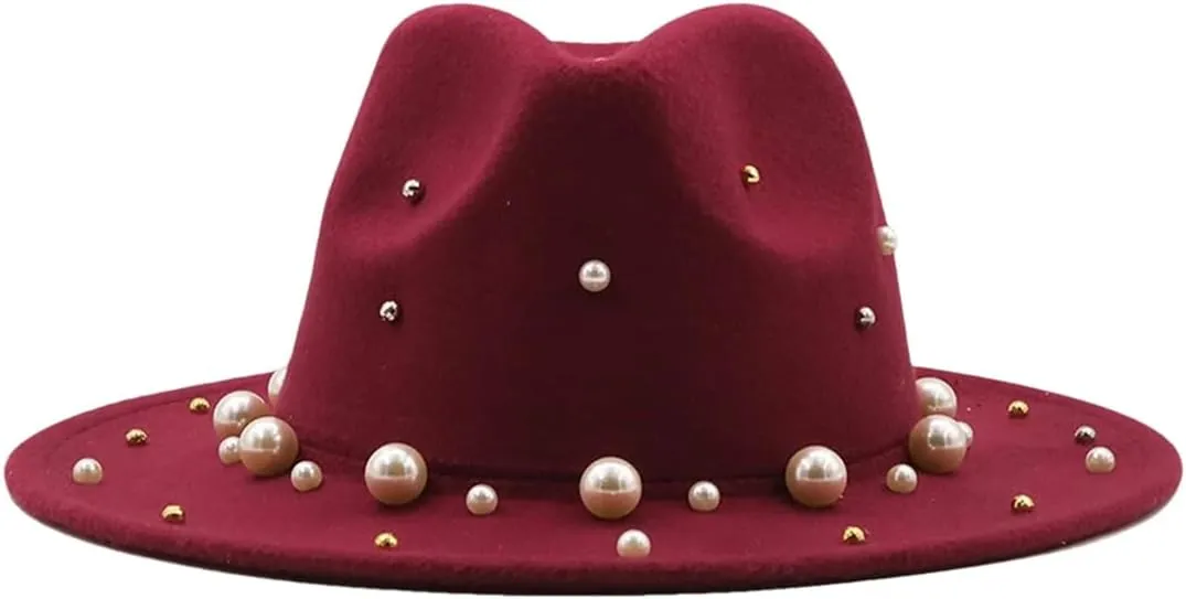 Dcvmvmn Women Men Wool Fedora Hat with Pearl Gentleman Winter Wide Brim Church Panama Sombrero Jazz Cap