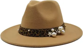 DHAEY Fashion Leopard Texture Pearl Wool Hat Men and Women Jazz Hat Autumn and Winter Versatile Felt Hat Flat Brim Hat with Leopard Belt Luopan Caps & Hats (Color : Camel, Size : 56-58cm)