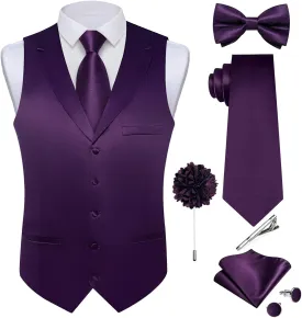 DiBanGu Formal Suit Vest Tie Set for Men Classic Solid Notch Lapel Dress Waistcoat Satin Vest Bowtie for Wedding Party