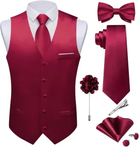 DiBanGu Mens Satin Suit Vest and Tie Set 8PCS Solid Waistcoat and Bowtie with Lapel Pin for Tuxedo Dress Vest Wedding Formal