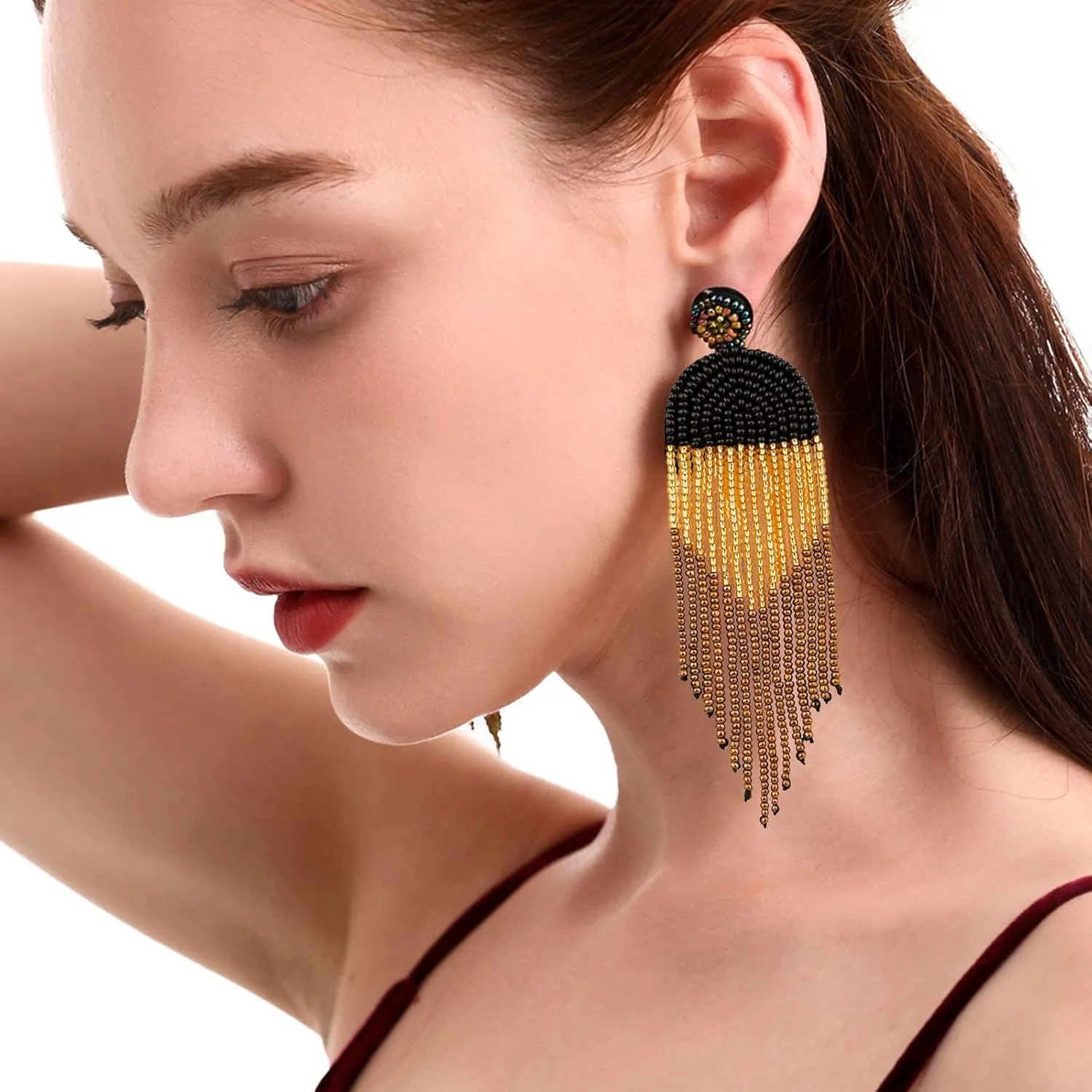 DoreenBow Long Beaded Tassel Earrings Boho Beaded Fringe Earrings Seed Bead Dangle Drop Earrings Native American Indian Earrings for Women and Girls
