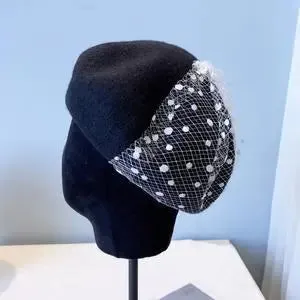 Elegant French Beret with Veil for Women and Girls