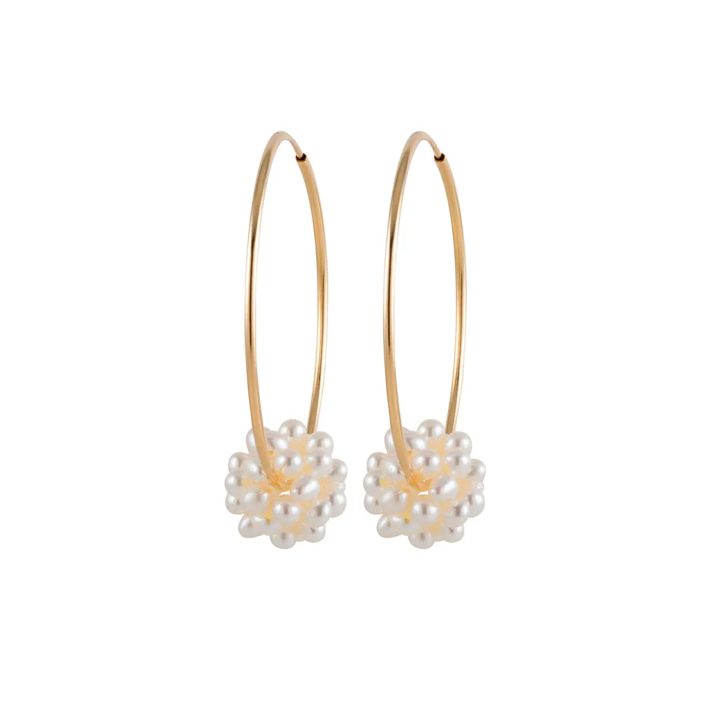Endless Gold Hoop Earrings with a Cluster of Pearls