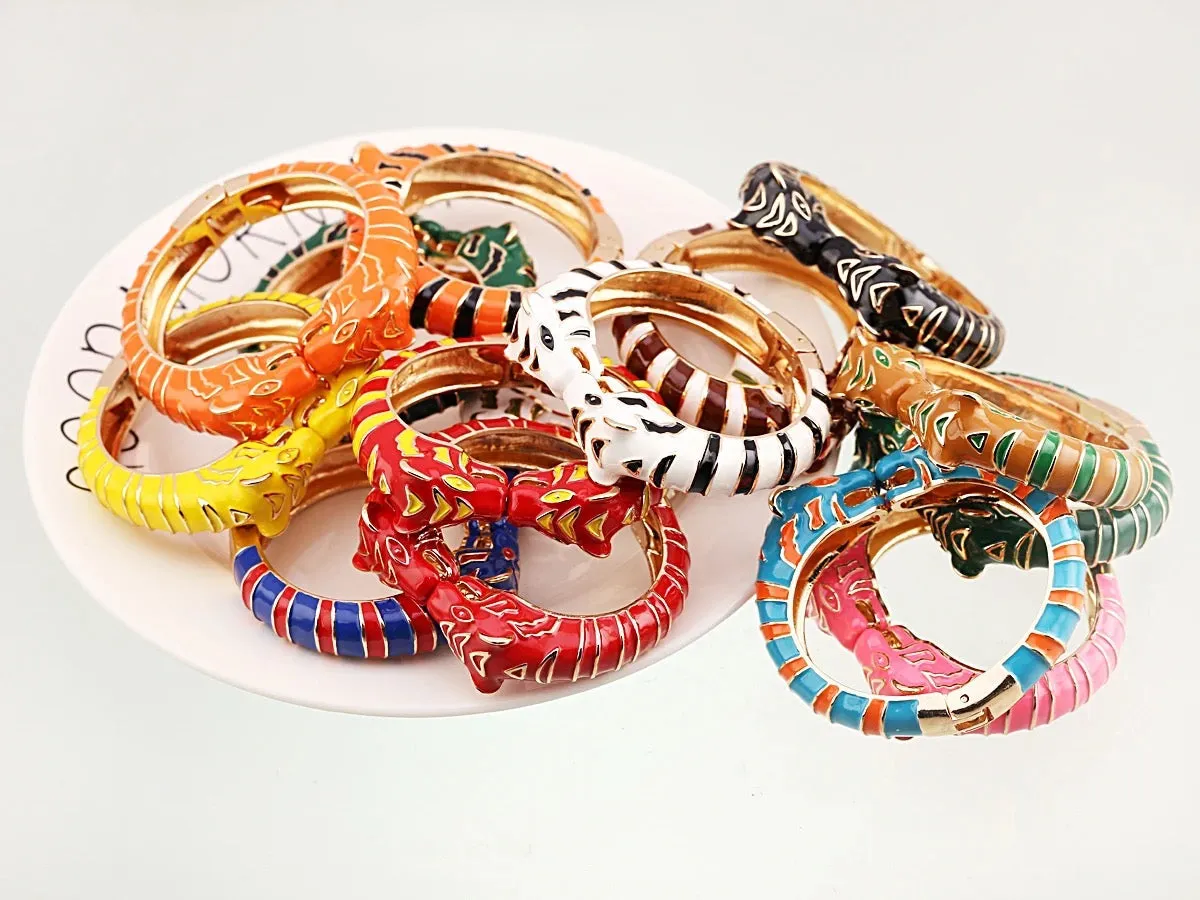 Handmade Enameled Colorful Statement Leopard  Double head Tiger Bangle Cuff 2 Bracelet