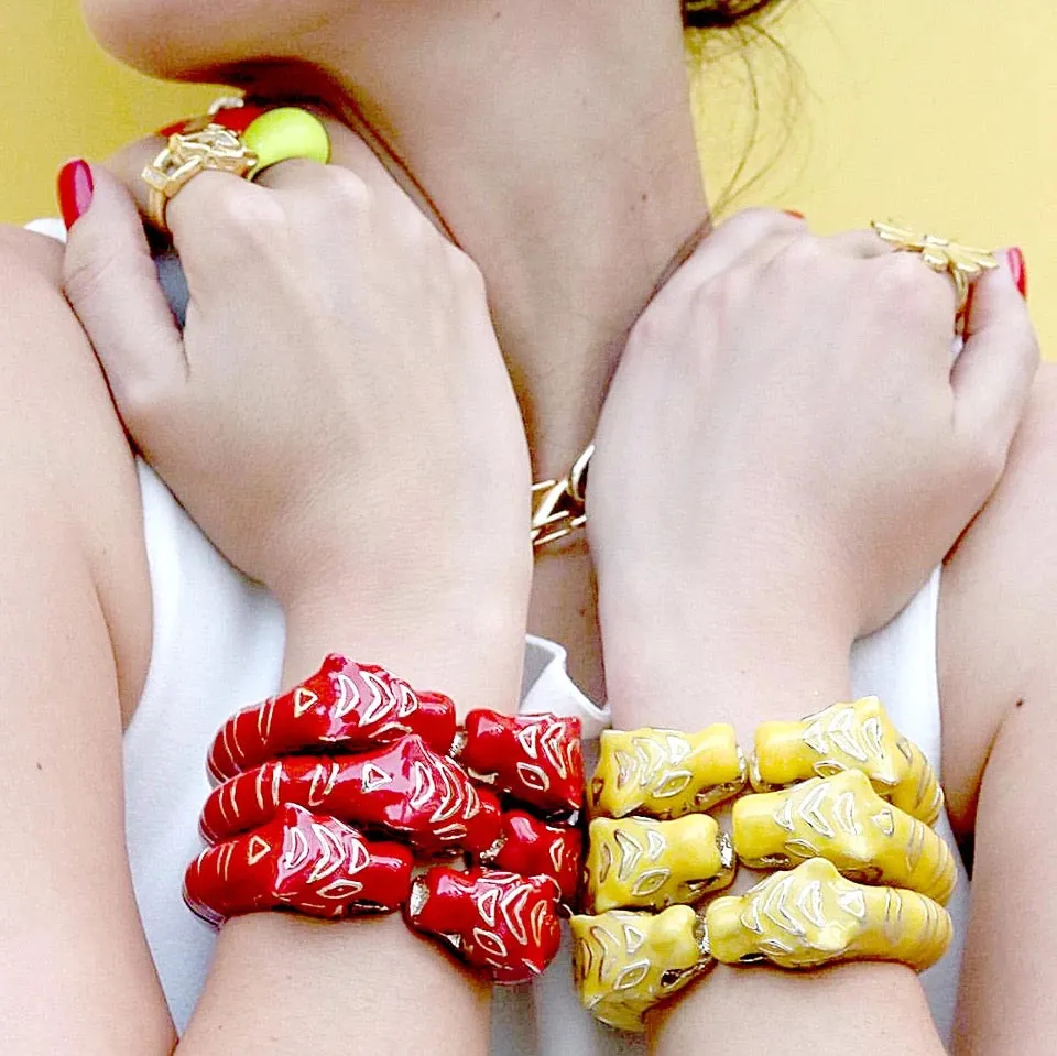 Handmade Enameled Colorful Statement Leopard  Double head Tiger Bangle Cuff 2 Bracelet