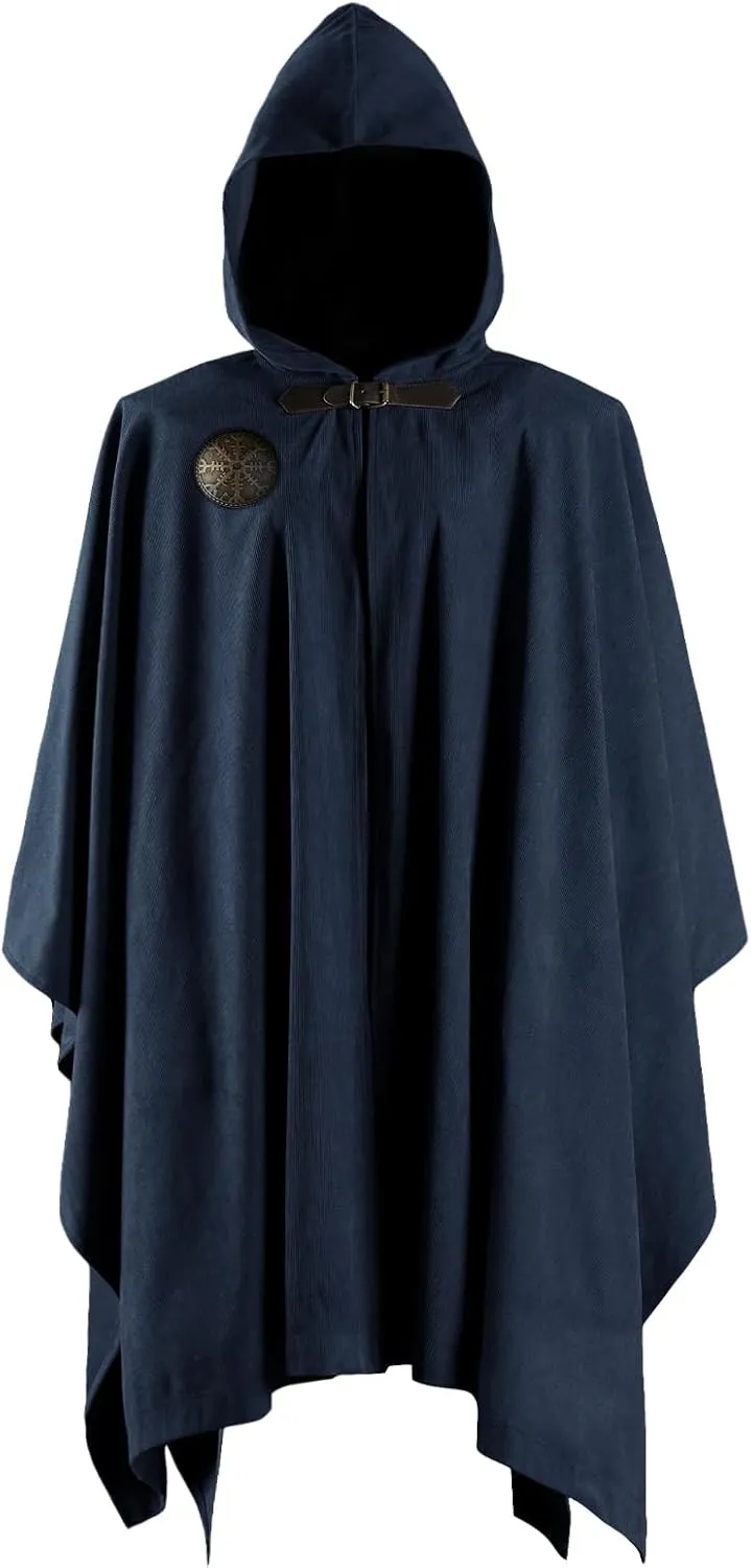 HiiFeuer Medieval Corduroy Hooded Cloak with Adjustable Brooch, Fantasy Poncho Renaissance Costume Cape Ren Faire Cosplay
