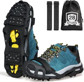 Ice Cleats for Shoes and Boots, Non Slip Ice Shoes Grippers 28 Studs Snow Cleats Crampons for Women Men Ice & Snow Cleats with Adjustable Straps for Winter Hiking Walking Ice Fishing