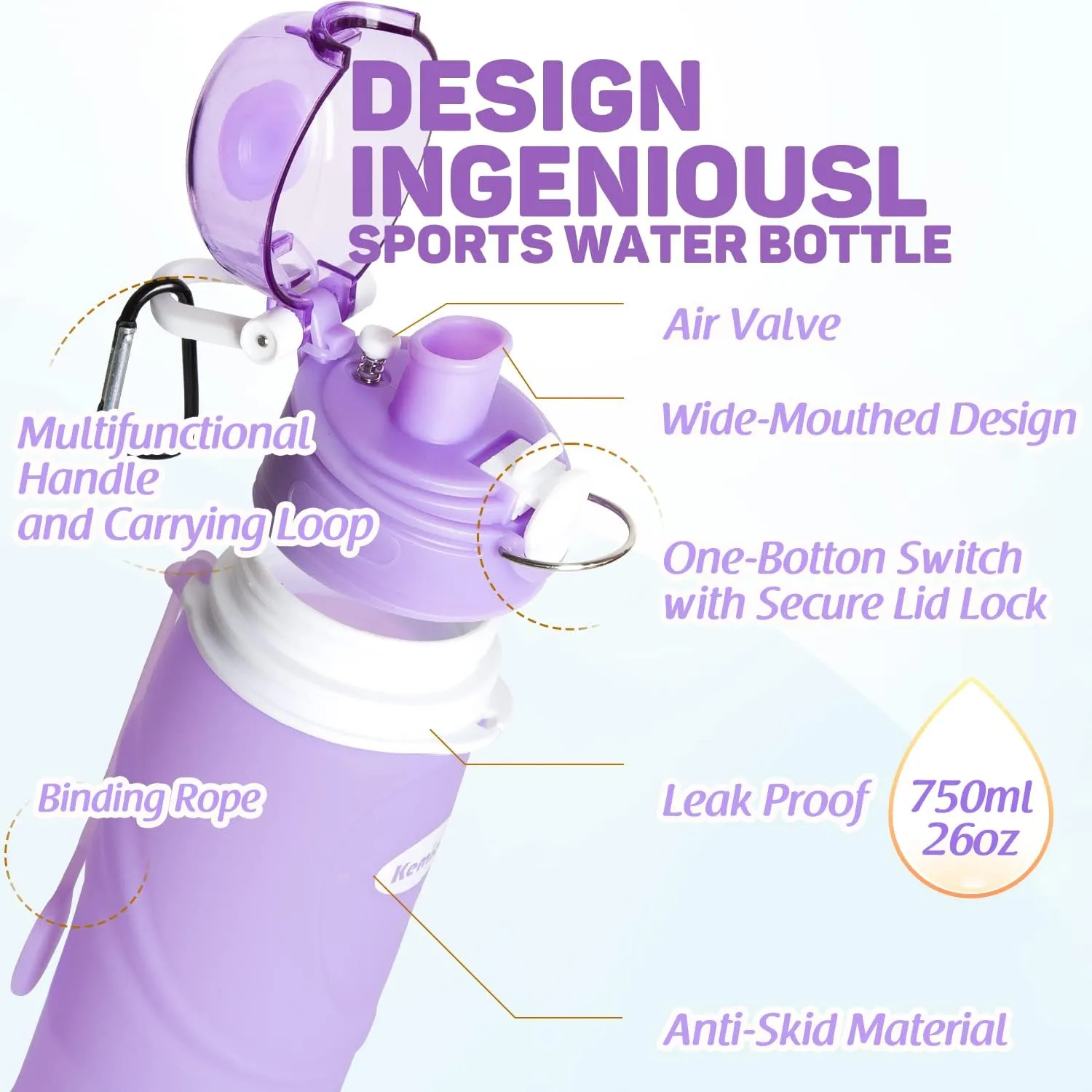 Kemier Collapsible Silicone Water Bottles-750ML,Medical Grade,BPA Free Travel Water Bottle Can Roll Up,26oz,Leak Proof Foldable Sports & Outdoor Water Bottles