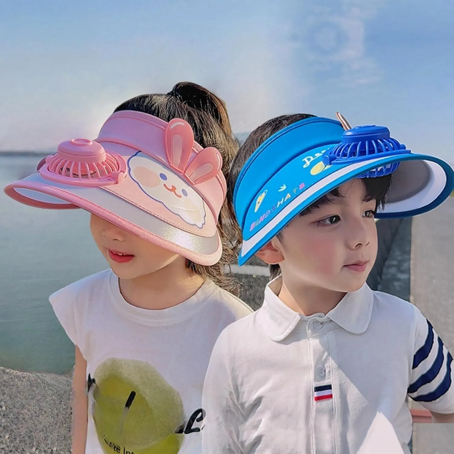 Kids Visor, Sun Visor Hat with USB Charging Fan, Cute Cartoon Design, Wide Brim Empty Top Sunhat for Boys Girls Outdoor
