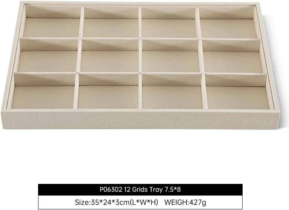 Linen 12 Grid Stackable Bangle Storage Tray, Bracelet Watch Display Tray, Jewelry Shop Counter Showcase Table Top Organizers, Makeup Table Drawer Insert Jewelry Tray
